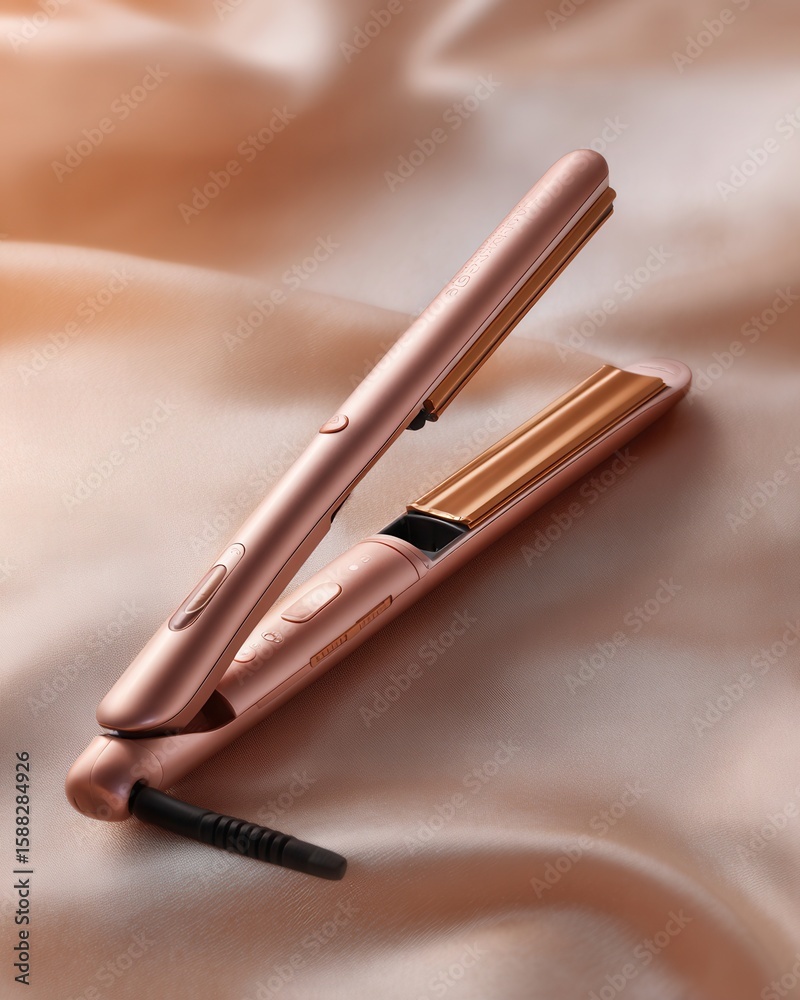 Naklejka premium Rose gold curling iron on silk presents modern hair styling tools for beauty and fashion products