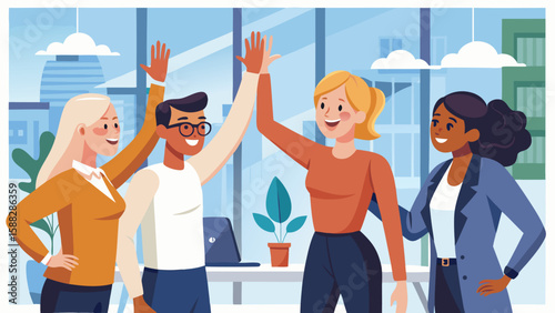 Diverse team celebrates success with high fives in modern office