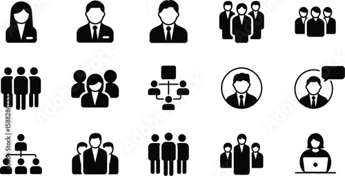 A collection of black and white business and team icons on a white background image