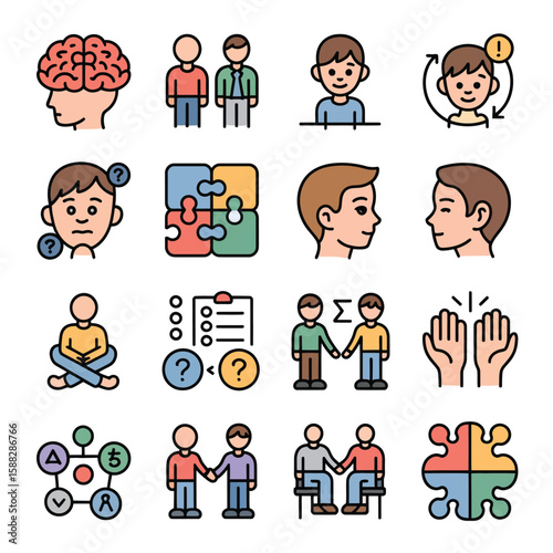 Colorful Vector Icons Set Depicting Human Interaction Brain Function Problem Solving Teamwork Communication and Connection Concepts
