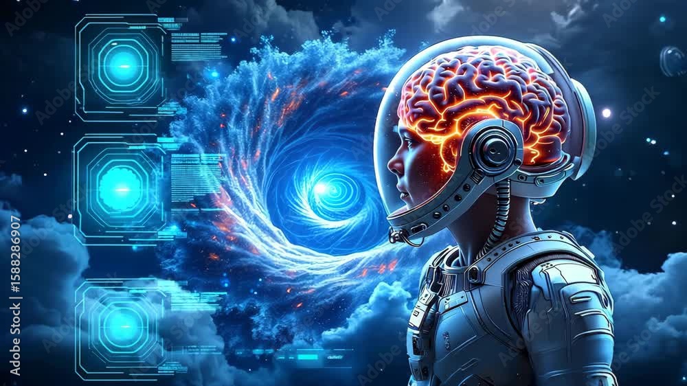 Futuristic astronaut with glowing brain in cosmic space background  