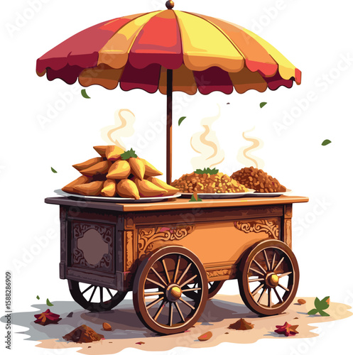 Vector illustration of a traditional Indian street food cart set against a crisp white background