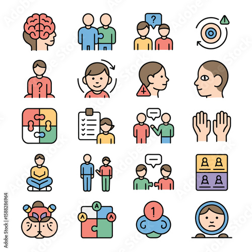 Colorful Collection of Psychology Icons Depicting Brain Mind Cognitive Behavior Communication Teamwork Puzzle Problem Solving Therapy Mental Health Assessment and More