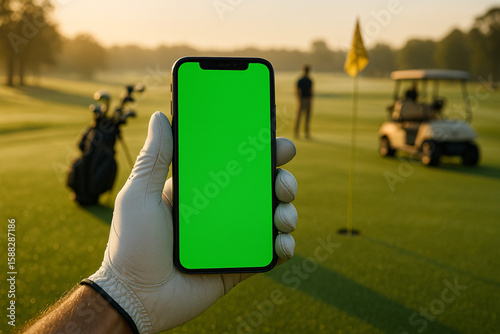 A golfer's gloved hand holding a smartphone with a green screen mockup on a morning golf course with caddy, golf cart, bag, and hole in background.