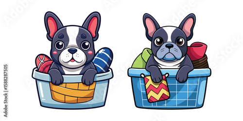 Cute French Bulldog Cartoon Inside Laundry Basket Wearing Socks on Head, Adorable Pet Illustration, Playful Puppy Vector Design with White Background for Kids and Pet Lovers