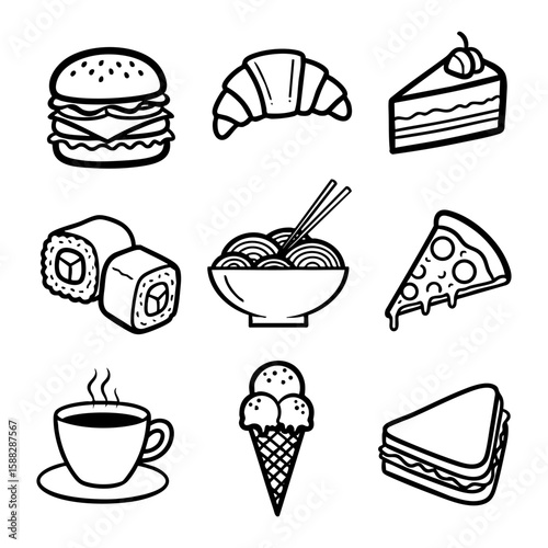 A grid of nine black and white food illustrations hand drawing vector illustration