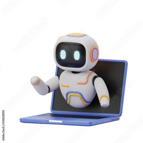 Friendly robot emerging from a laptop screen, offering assistance, set against a transparent background for digital technology concepts.
