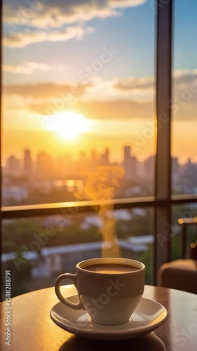 Hot coffee cup steaming on table near window with city skyline at sunset. Refreshment beverage overlooking the golden hour and sunrise.