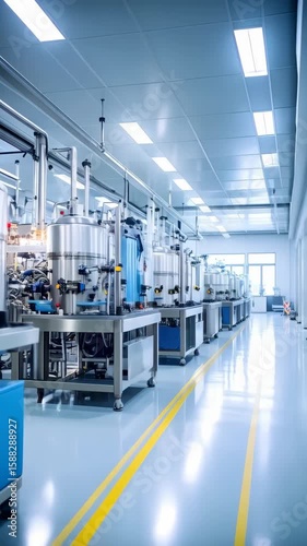 Bright sterile manufacturing facility with stainless steel tanks and equipment for production, clean pharmaceutical factory setting