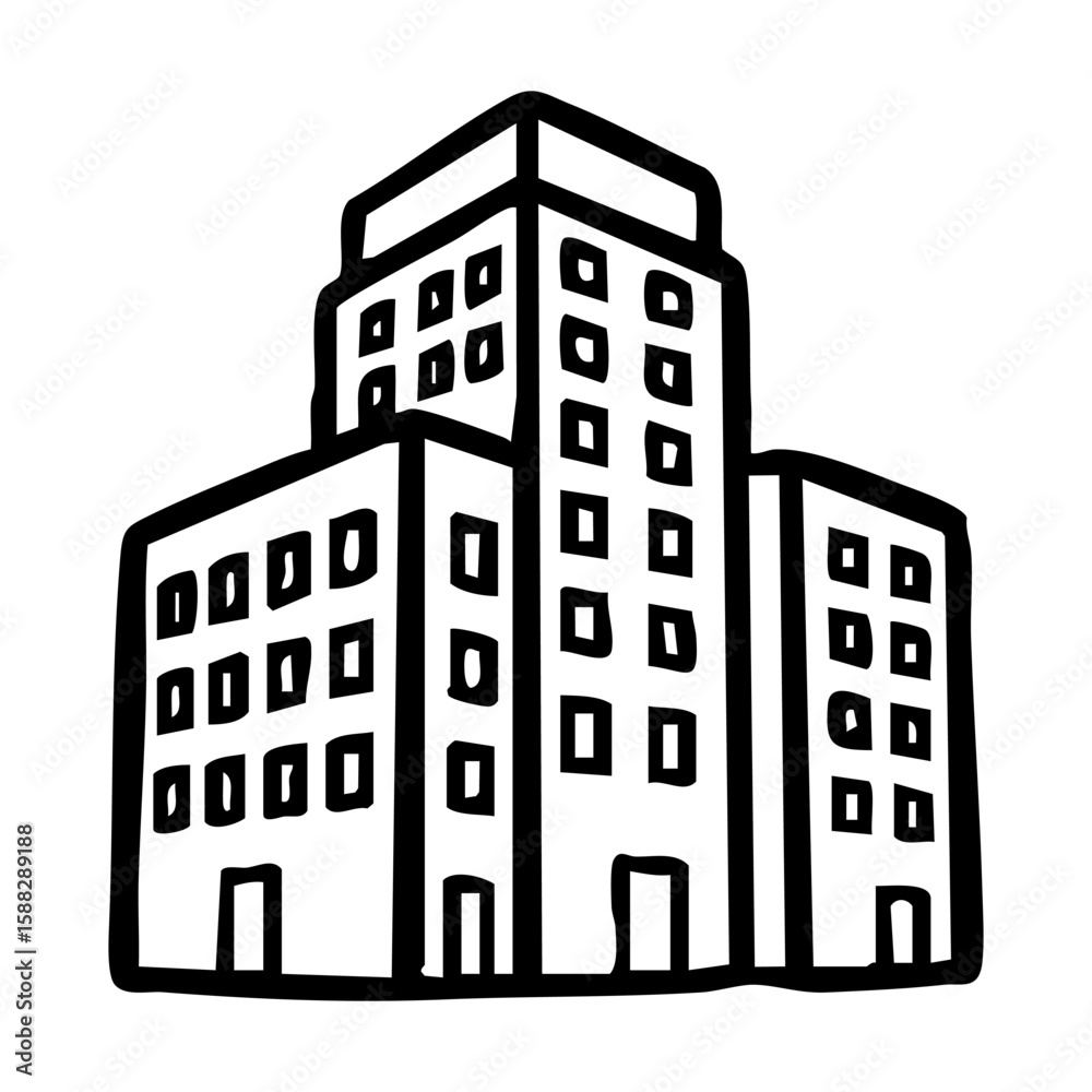 Fototapeta premium Black and white outline drawing of a multistory building hand drawing vector illustration