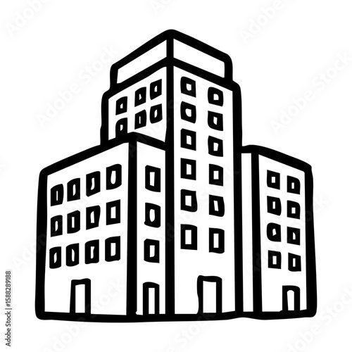 Black and white outline drawing of a multistory building hand drawing vector illustration