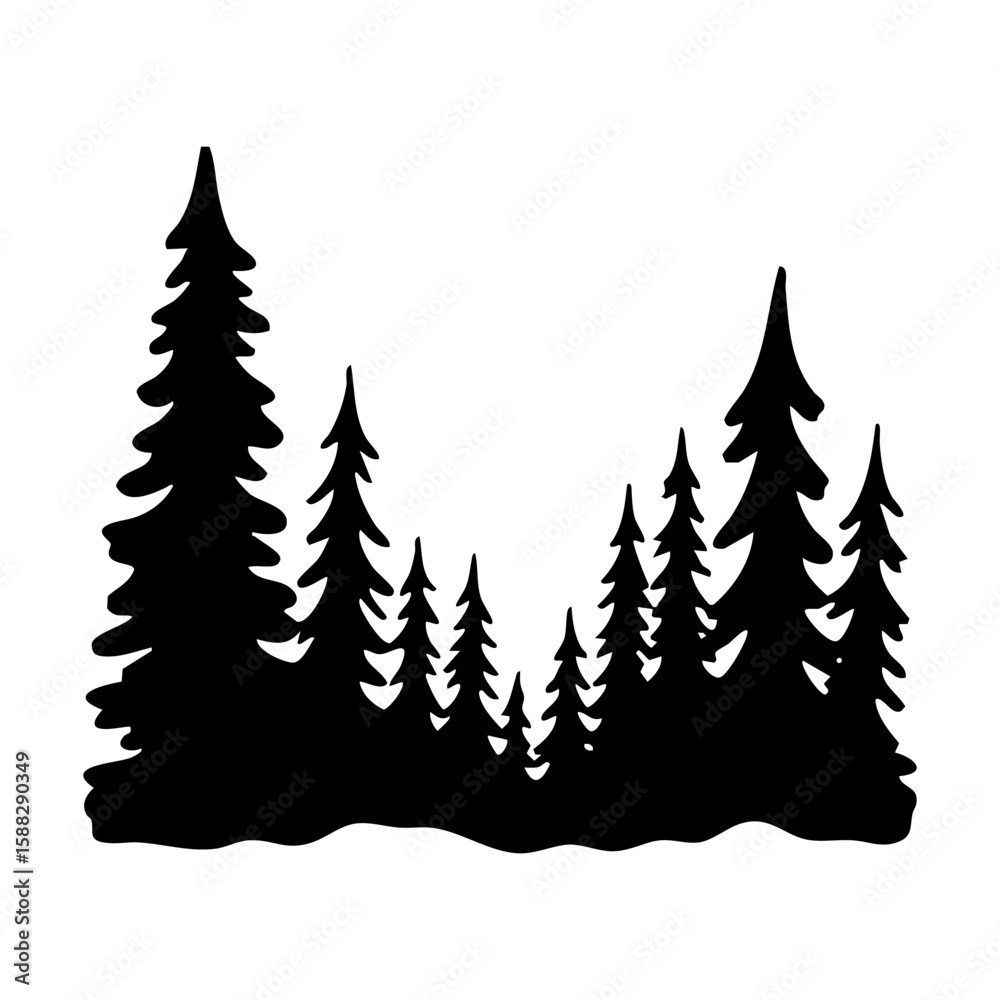 Obraz premium Silhouette of a forest of pine trees on a white background hand drawing vector illustration