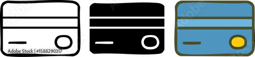 Three hand-drawn credit card icons: outline solid black and colored versions.