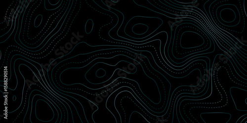 Dark futuristic background with glowing contour lines and dotted paths, resembling a topographic map. Ideal for sci-fi, tech designs, or abstract visuals with depth and navigation themes.