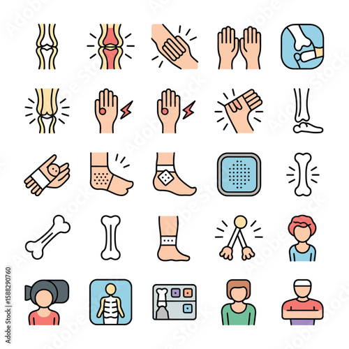 Colorful Vector Icons Set Illustrating Various Bone Joint Pains Injuries and Medical Examinations Including Ankle Knee Hand Wrist X Ray and Bone Fractures