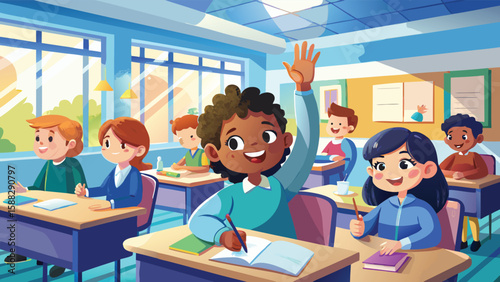 Diverse group of happy children actively participating in a bright classroom setting