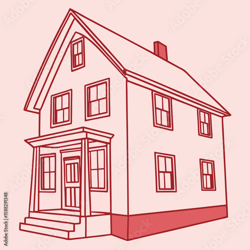 Minimalist House Line Art Illustration Red Outline on Light Pink Background Two Story Home