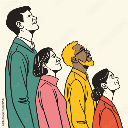 Diverse group of people looking up with hope and optimism for the future
