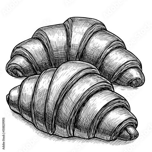 Vintage Ink Sketch Two Freshly Baked Croissants in Aesthetic Composition – Hand Drawn black and white illustration, Engraving Retro Style vector SVG
