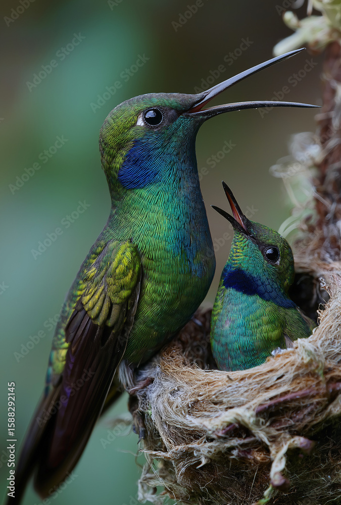Fototapeta premium A green and blue hummingbird feeding two black baby birds in the nest, 