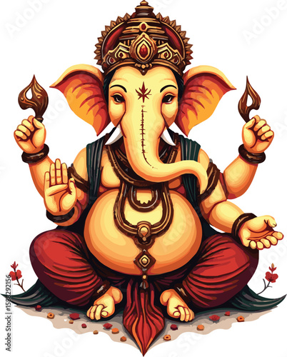 Lord Ganesha, the remover of obstacles, in a traditional Indian folk art style