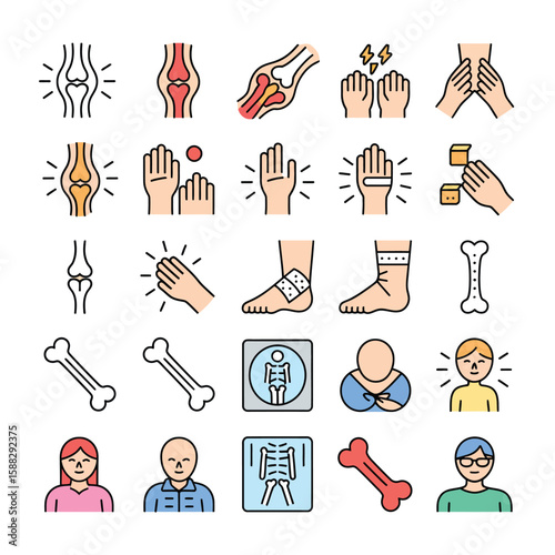 Colorful Vector Icons Set Illustrating Joint Pain Bone Fracture Injury Treatment X Ray Images Hands Knees Feet Bones Medical Healthcare Symbols