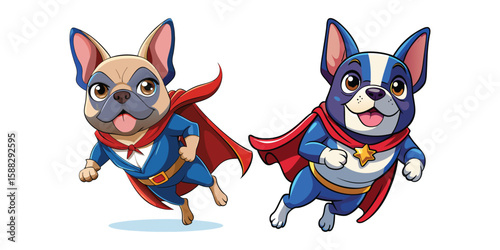 Energetic French Bulldog Superhero Vector Illustration – Cape Flying, Tongue Out, Mid-Leap Action Pose – Fun Comic Style Dog Character on White Background