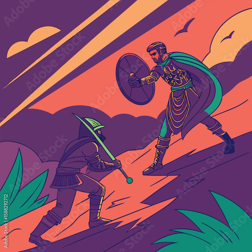 Two Warriors Clashing on a Hillside with a Shield and a Sword Illustration