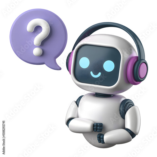 Cute cartoon robot with headphones displays a question mark symbol on a transparent background, offering virtual assistance