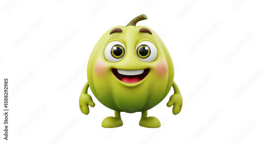 Cute Green Fruit Character with Big Eyes Smiling in Transparent Background Cute Green Fruit Character with Big Eyes Smiling in Transparent Background