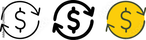 Financial transaction icon set with dollar sign and circular arrows in outline solid black and yellow color variations.