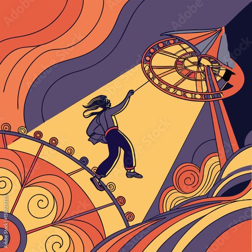 Illustrated Woman Reaching for a Carnival Ride with Retro Colors and Swirling Designs