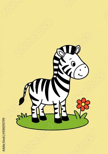 Cute zebra illustration with flower on yellow background for kids' decor