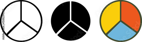 Set of circular icons divided into three equal segments shown in outline solid black and colorful styles.