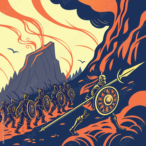 Ancient Warriors Marching Through a Volcanic Landscape with Spear and Shield Illustration