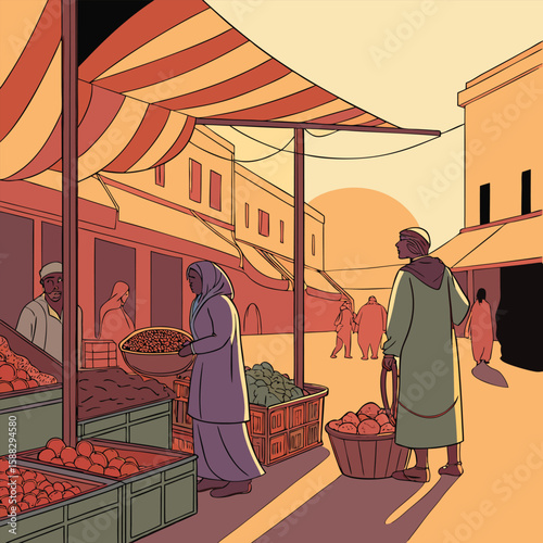 Vibrant market scene in a North African city with local vendors and shoppers
