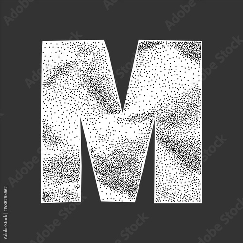 Letter M, school style cutout with crumpled texture. Grunge halftone effect, collage ransom aesthetic with retro paper look.
