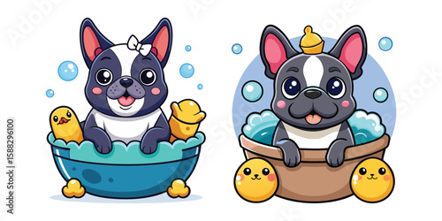 Cute Cartoon French Bulldog Taking Bubble Bath with Rubber Duck on Head – Adorable Pet Spa Time Vector for Kids, Pet Lovers, and Decor