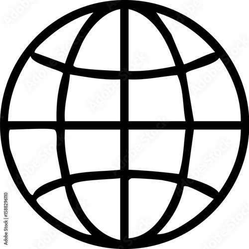 Minimalist black wireframe globe icon with a spherical grid representing the world internet and global networks.