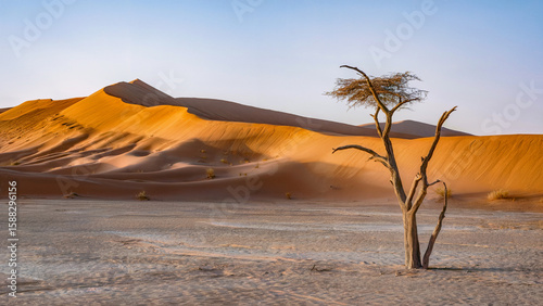 A photograph of a sun-drenched desert
landscape featuring a vast expanse of sand dunes