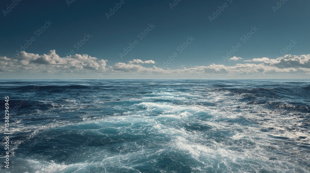 Obraz premium Calm ocean, bright sky, fluffy clouds