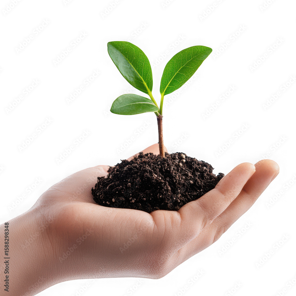 Hand holding a small plant with soil isolated on white and transparent background Hand holding a small plant with soil isolated on white and transparent background
