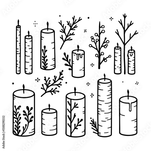 Candles, linear illustration of eco-friendly candles made from birch branches. Hand drawn, natural materials, wood, twigs and leaves. Symbol of nature, handmade products. black outline on white backgr