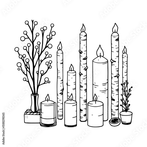 Candles, linear illustration of eco-friendly candles made from birch branches. Hand drawn, natural materials, wood, twigs and leaves. Symbol of nature, handmade products. black outline on white backgr