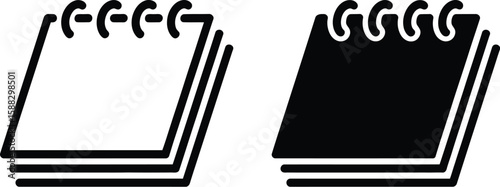 Two notepad icons with spiral binding one white and one black on a white background