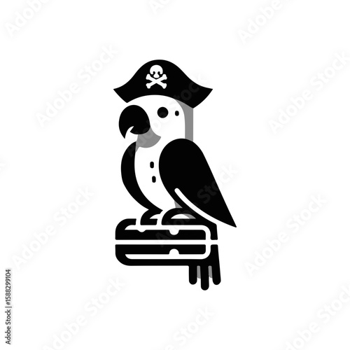 A parrot wearing a tiny pirate hat on a wooden perch