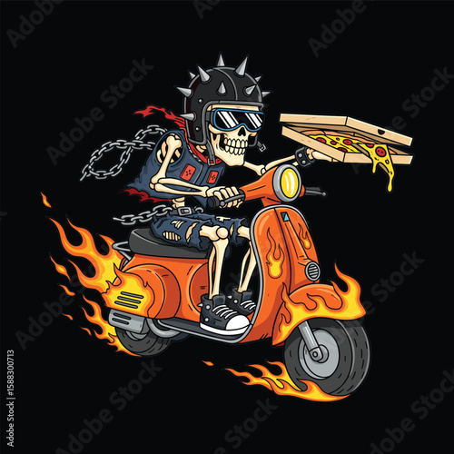 Skeleton Pizza Delivery On Fire Illustration
