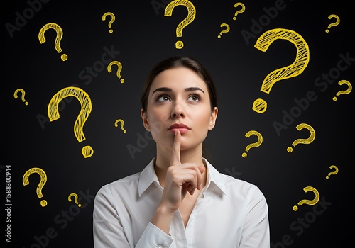 Woman thinking with question marks around her head