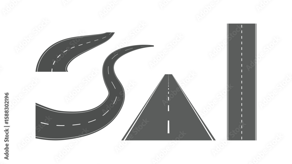 Fototapeta premium Straight and Curved Road Vector Set