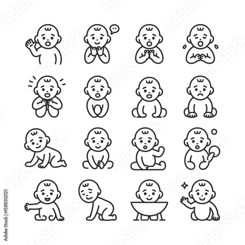 Collection of Sixteen Black Line Art Baby Illustrations Depicting Various Actions and Expressions Including Sitting Crawling Playing and Bathing
